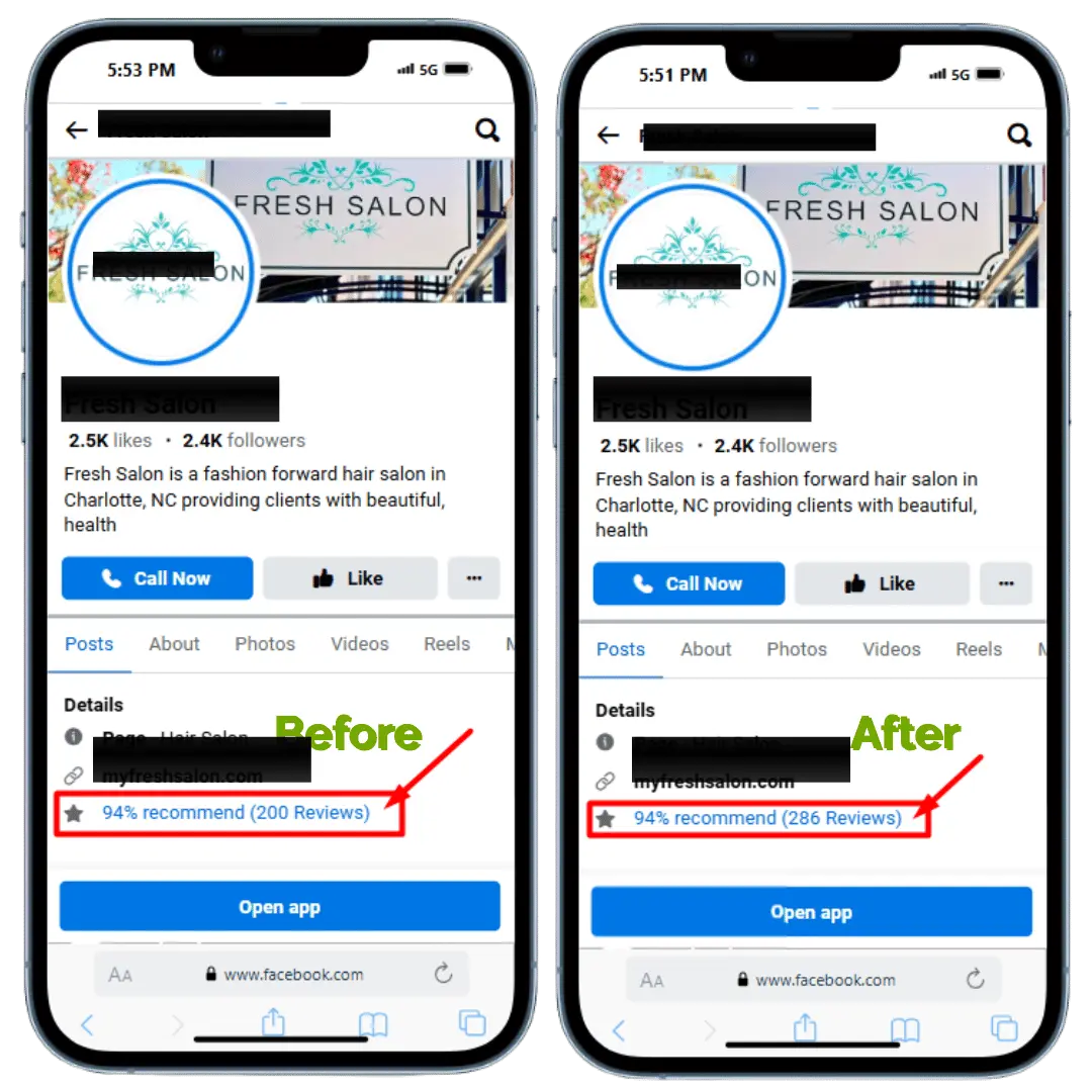 Before and after results for buying facebook reviews from RB IT Agency US