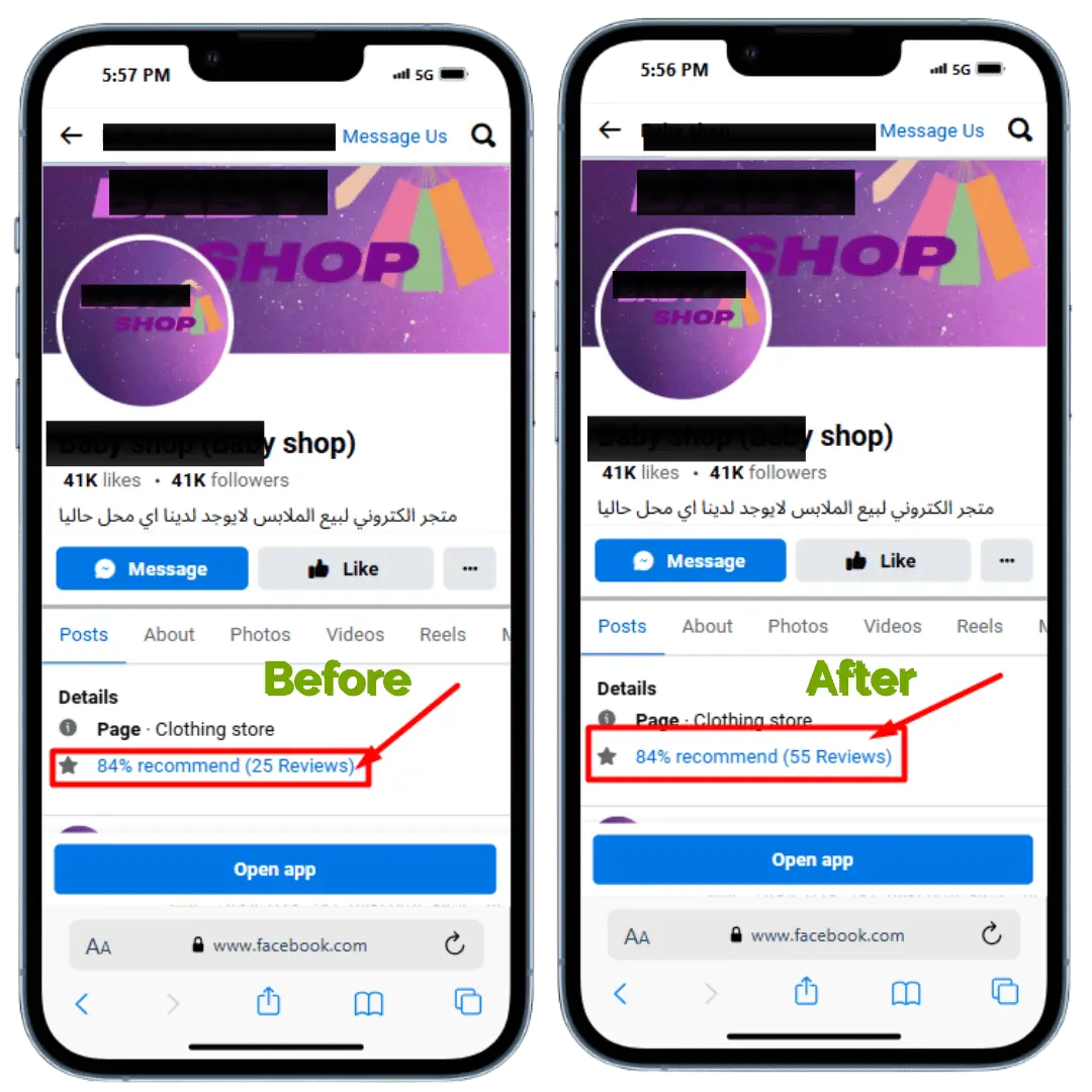 Before and after results for buying facebook reviews from RB IT Agency US
