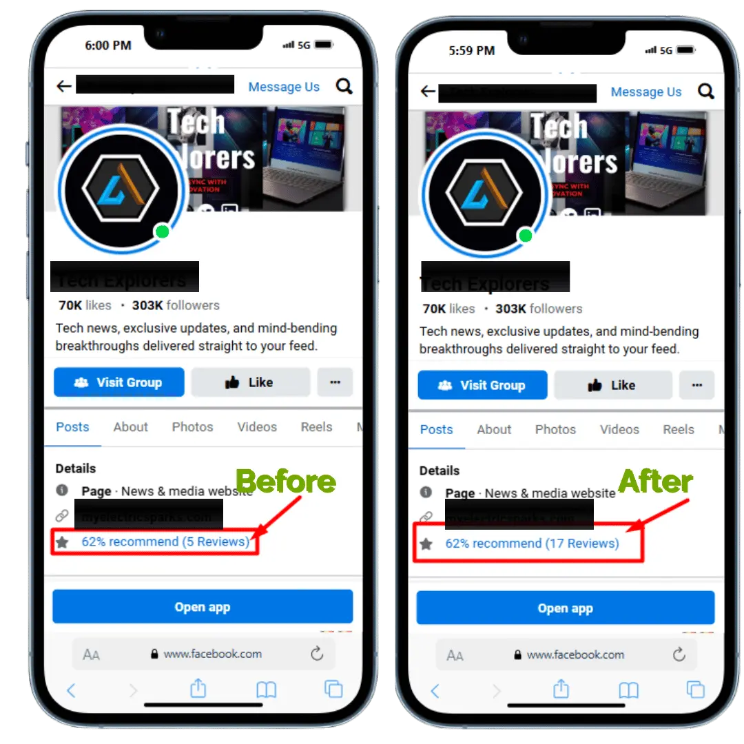Before and after results for buying facebook reviews from RB IT Agency US