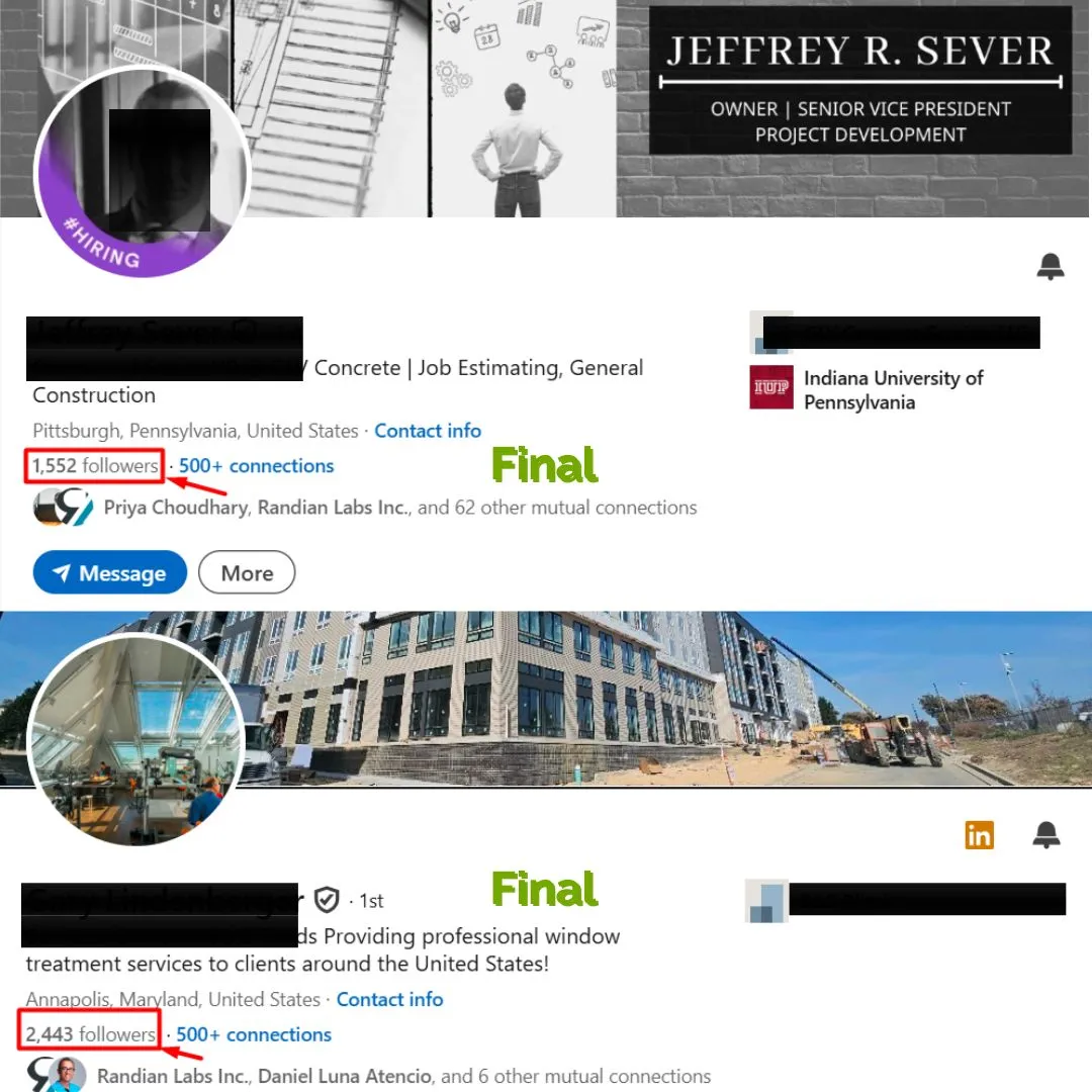 Before and after results for buying linkedin followers from RB It Agency US