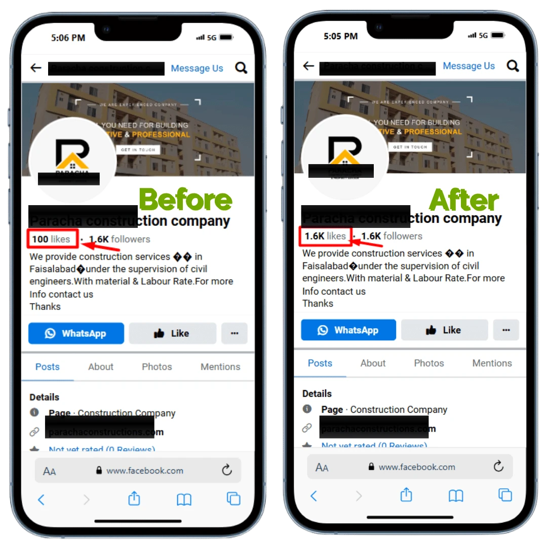 Before and after results for buying facebook likes from RB IT Agency US