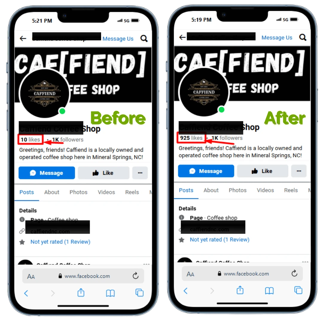Before and after results for buying facebook likes from RB IT Agency US