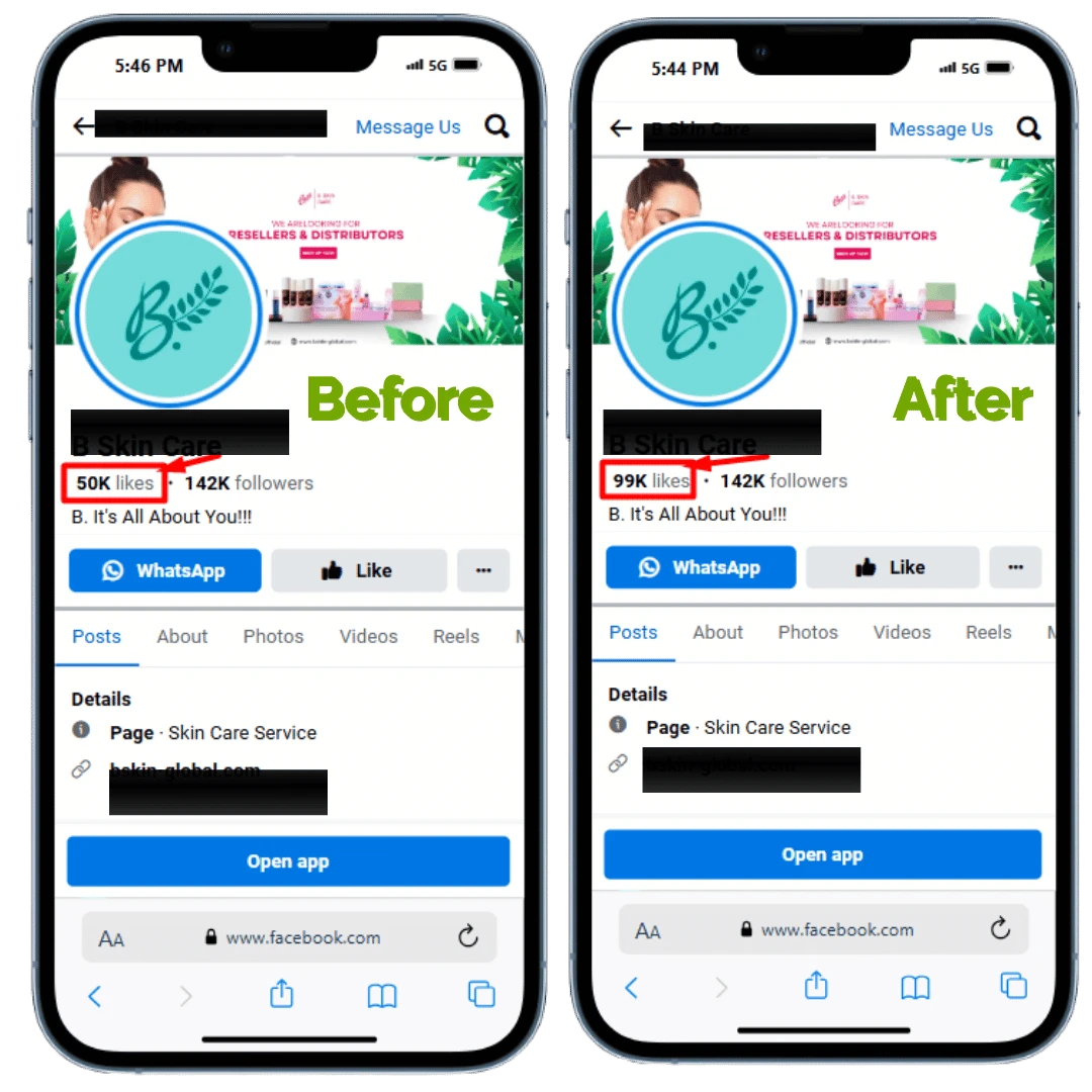 Before and after results for buying facebook likes from RB IT Agency US